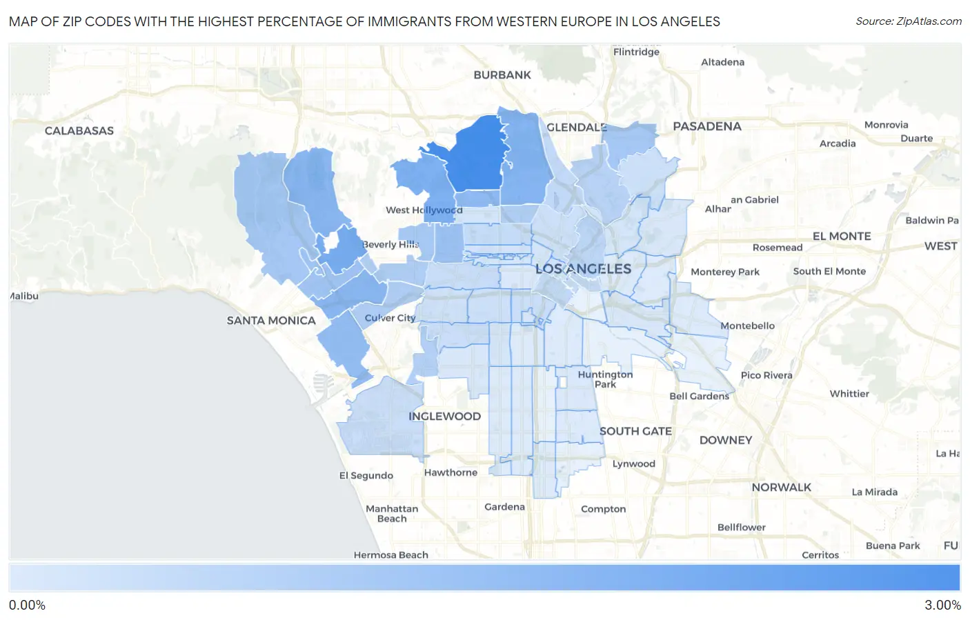 Zip Codes with the Highest Percentage of Immigrants from Western Europe in Los Angeles Map