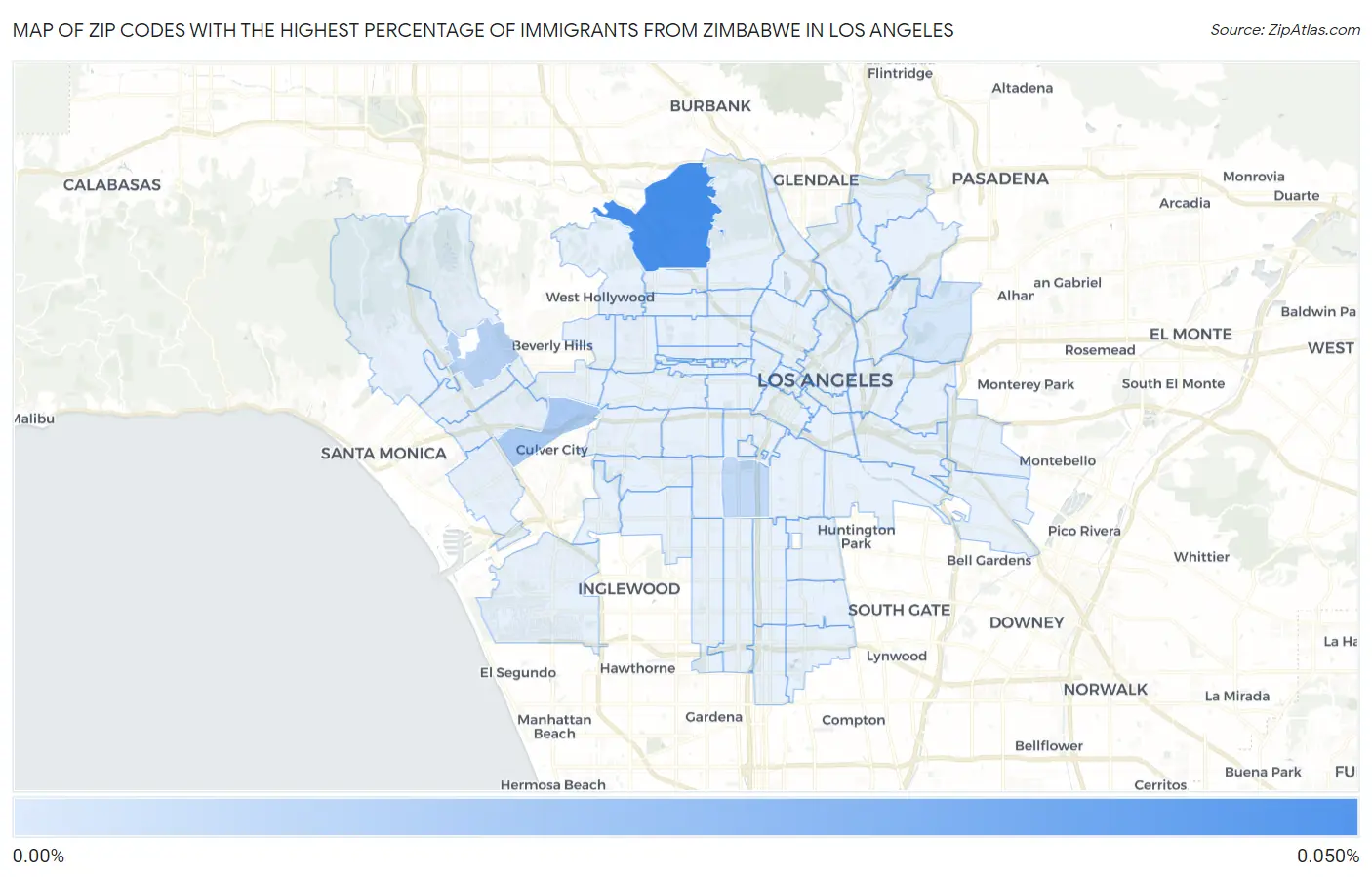 Zip Codes with the Highest Percentage of Immigrants from Zimbabwe in Los Angeles Map