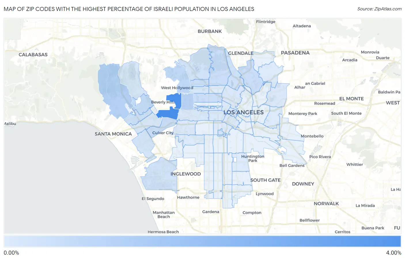 Zip Codes with the Highest Percentage of Israeli Population in Los Angeles Map