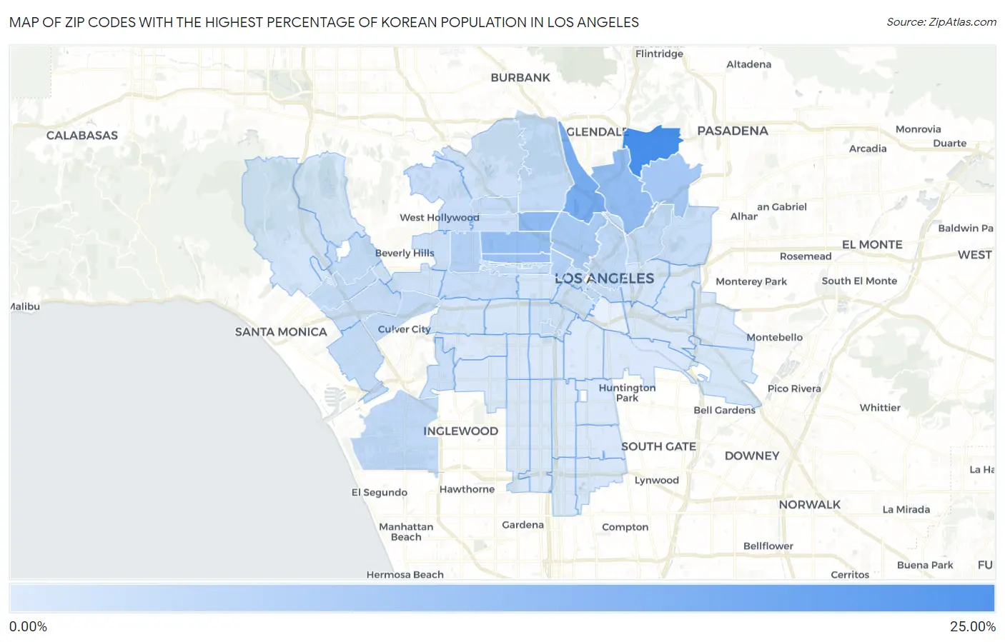 Zip Codes with the Highest Percentage of Korean Population in Los Angeles Map