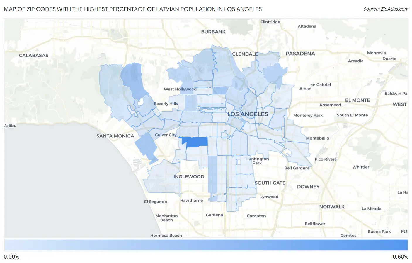 Zip Codes with the Highest Percentage of Latvian Population in Los Angeles Map