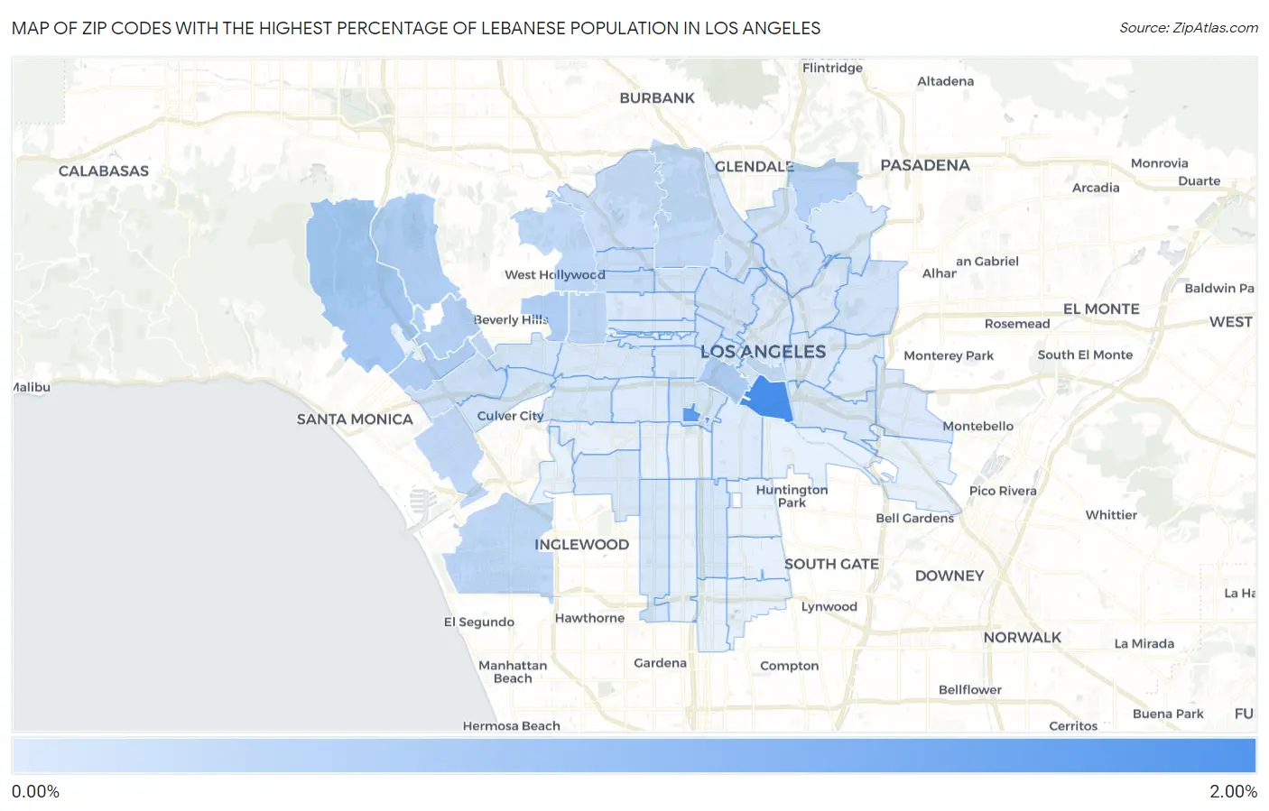 Zip Codes with the Highest Percentage of Lebanese Population in Los Angeles Map