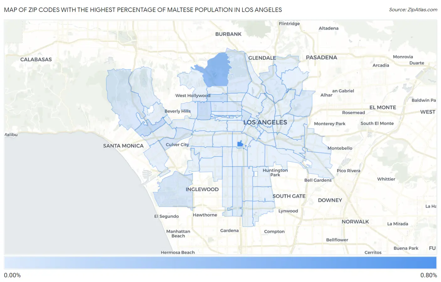 Zip Codes with the Highest Percentage of Maltese Population in Los Angeles Map