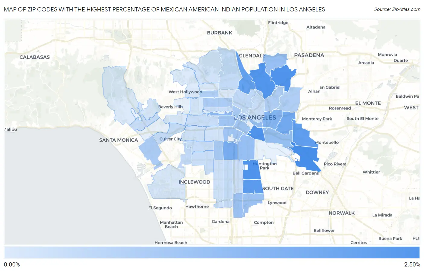 Zip Codes with the Highest Percentage of Mexican American Indian Population in Los Angeles Map