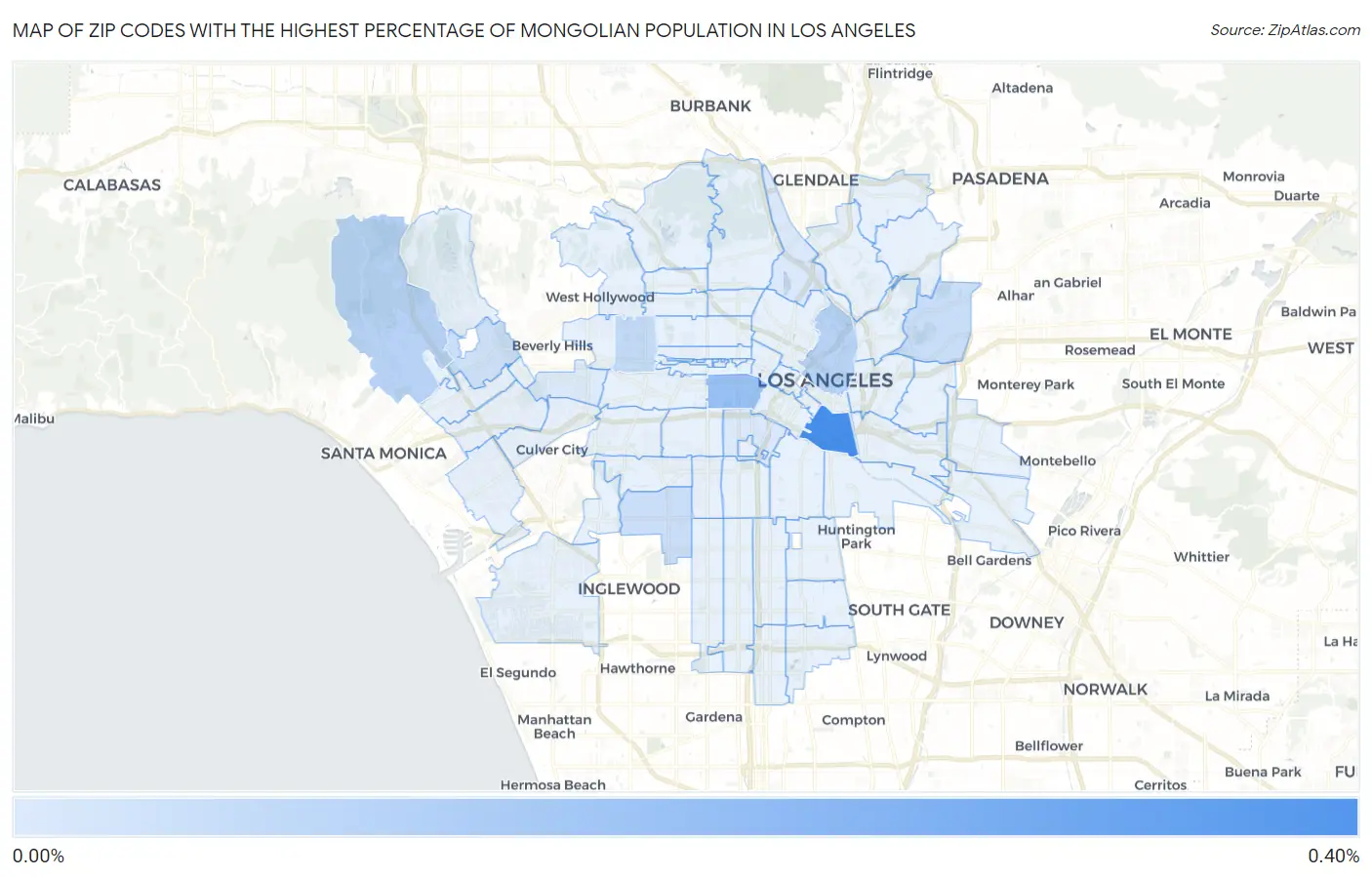 Zip Codes with the Highest Percentage of Mongolian Population in Los Angeles Map