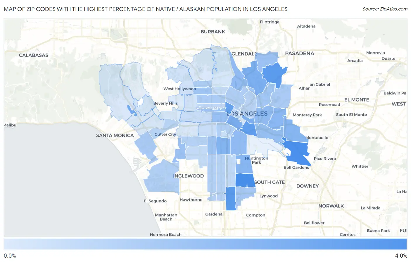 Zip Codes with the Highest Percentage of Native / Alaskan Population in Los Angeles Map