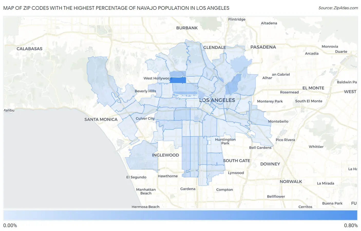 Zip Codes with the Highest Percentage of Navajo Population in Los Angeles Map