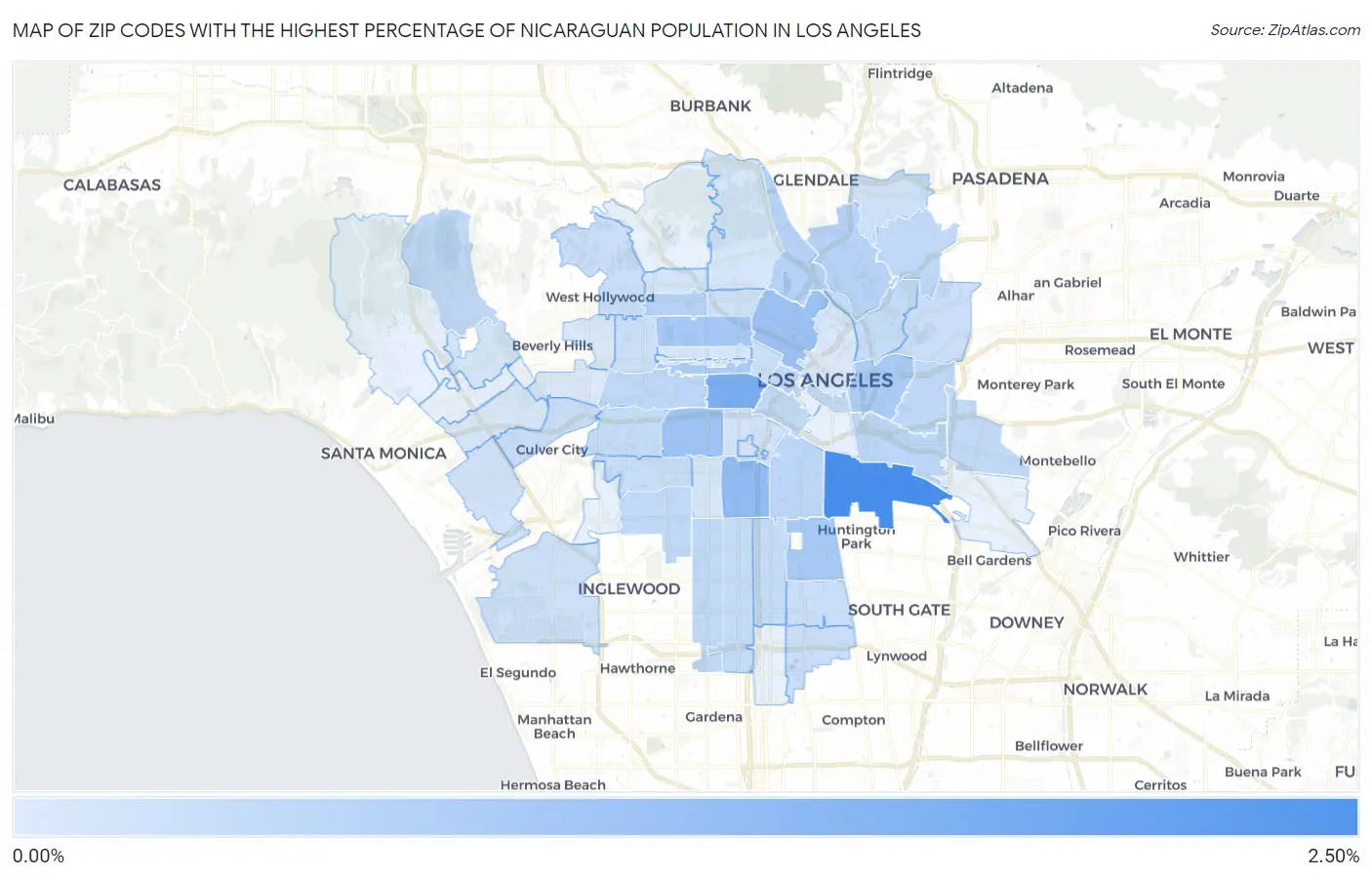 Zip Codes with the Highest Percentage of Nicaraguan Population in Los Angeles Map