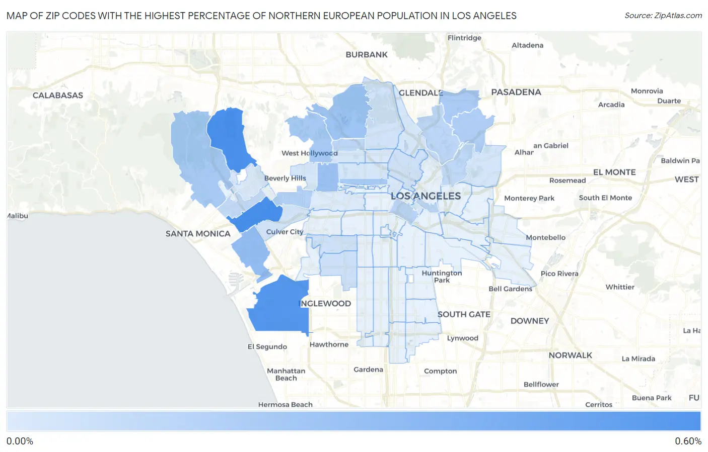 Zip Codes with the Highest Percentage of Northern European Population in Los Angeles Map
