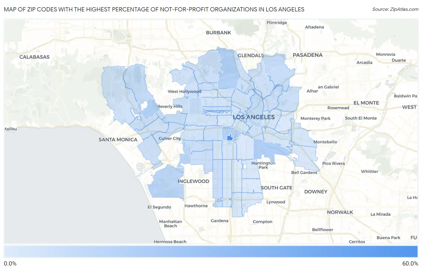 Zip Codes with the Highest Percentage of Not-for-profit Organizations in Los Angeles Map