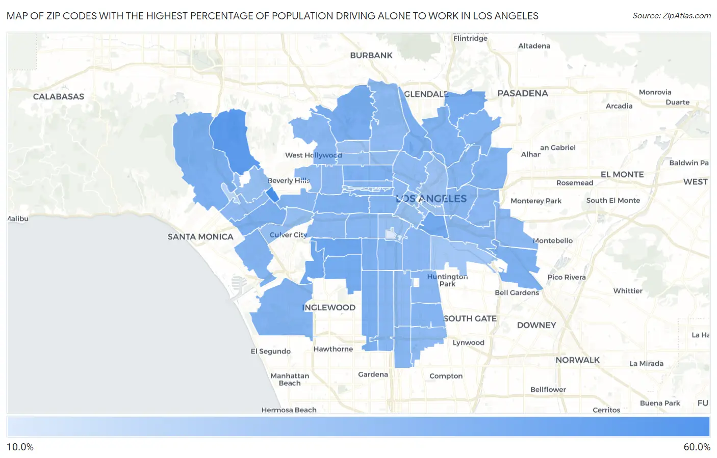 Zip Codes with the Highest Percentage of Population Driving Alone to Work in Los Angeles Map