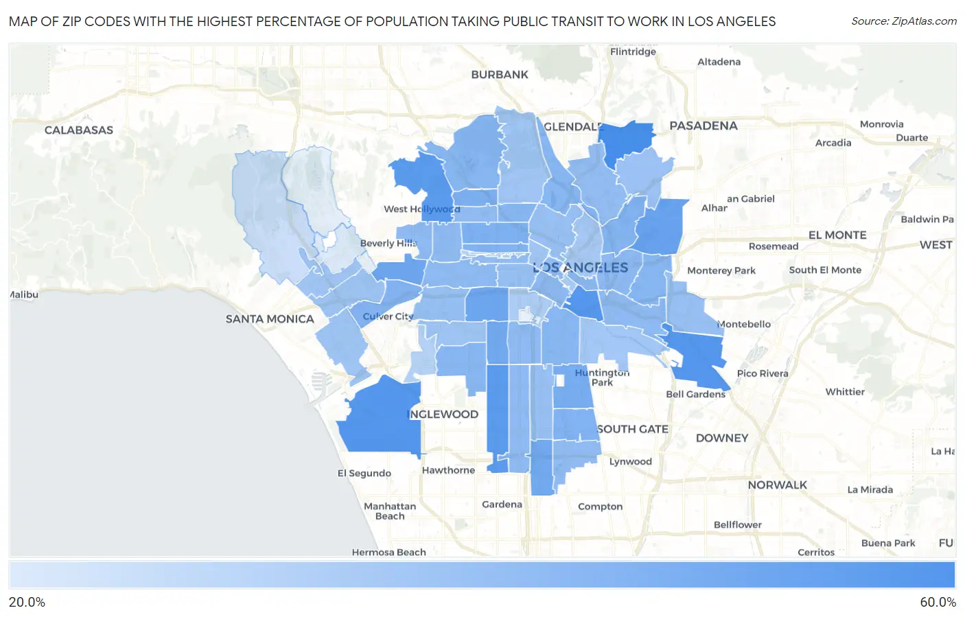 Zip Codes with the Highest Percentage of Population Taking Public Transit to Work in Los Angeles Map