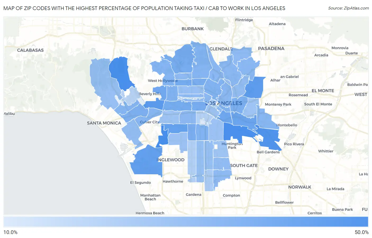 Zip Codes with the Highest Percentage of Population Taking Taxi / Cab to Work in Los Angeles Map