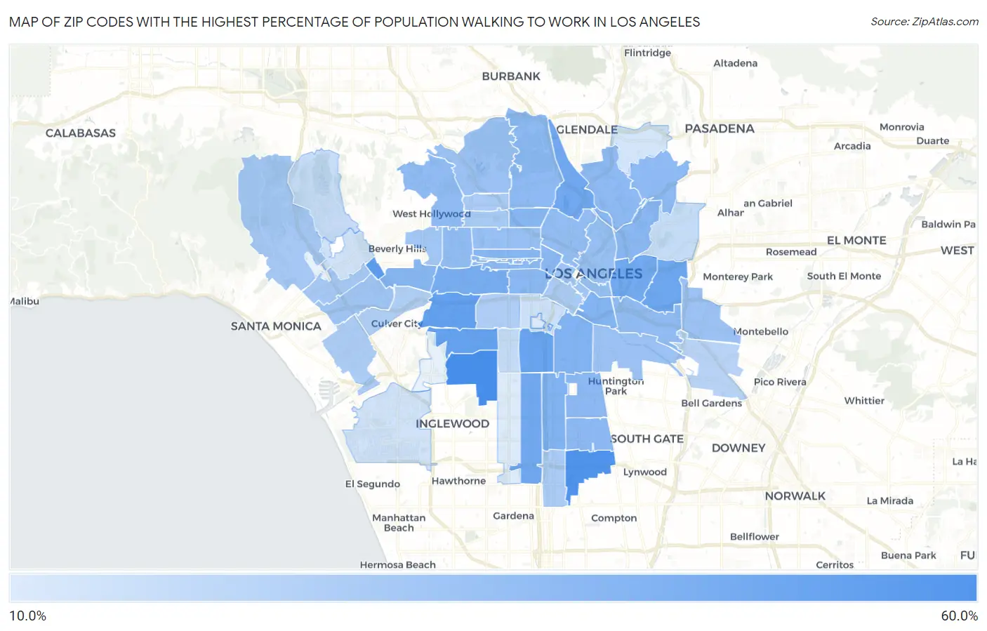 Zip Codes with the Highest Percentage of Population Walking to Work in Los Angeles Map