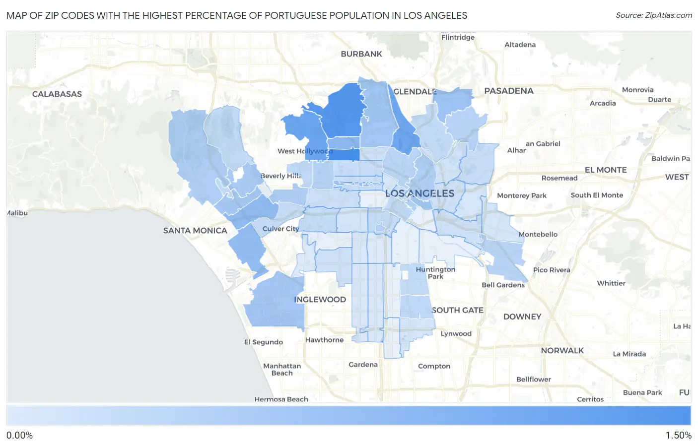 Zip Codes with the Highest Percentage of Portuguese Population in Los Angeles Map