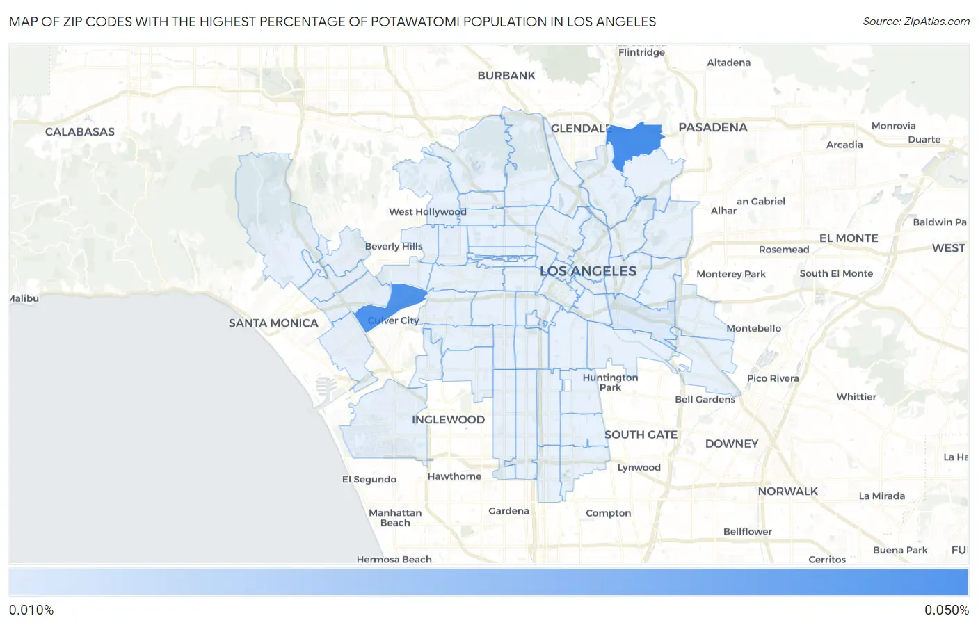 Zip Codes with the Highest Percentage of Potawatomi Population in Los Angeles Map