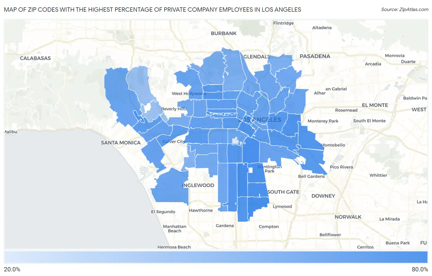 Zip Codes with the Highest Percentage of Private Company Employees in Los Angeles Map