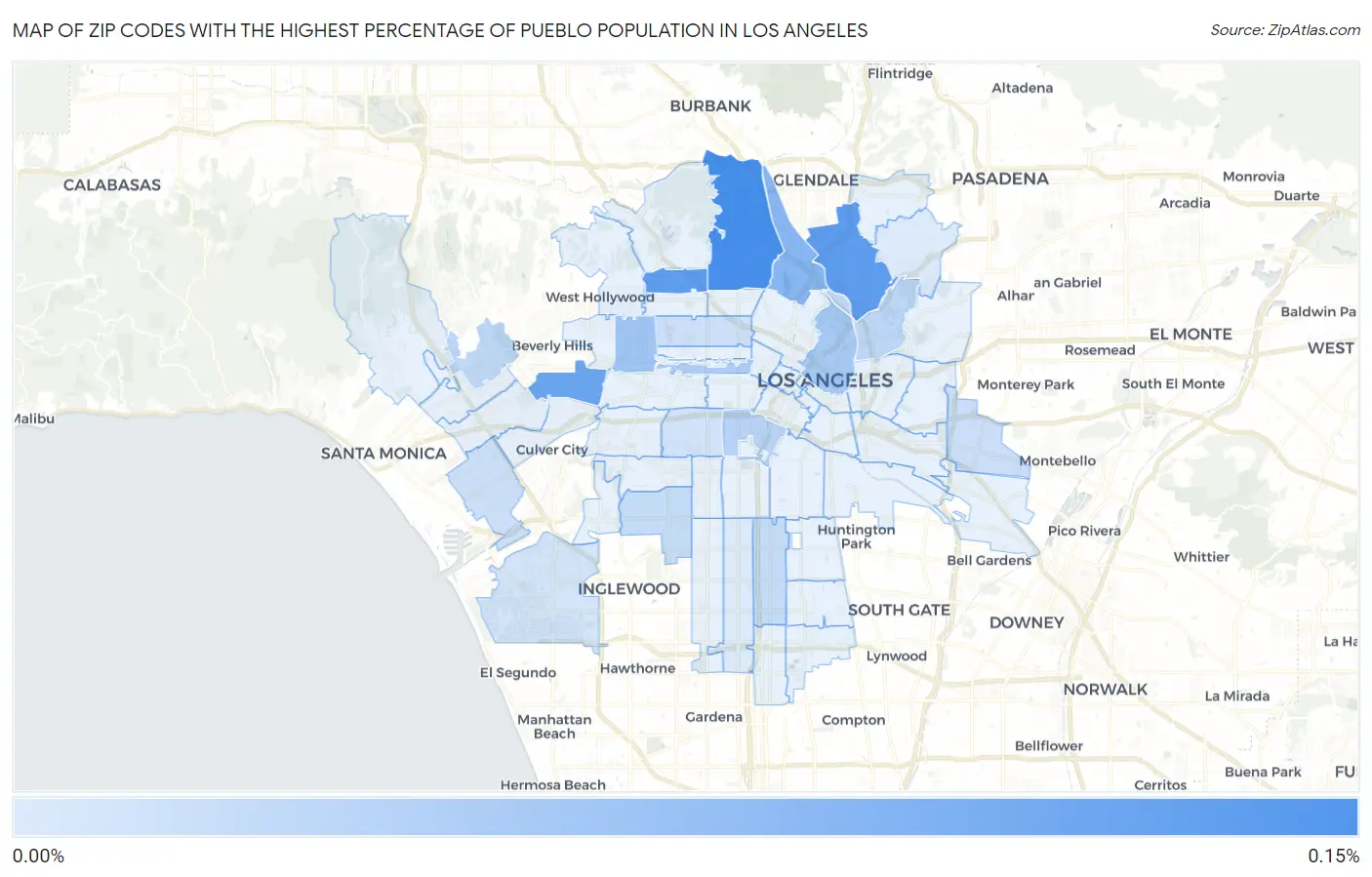 Zip Codes with the Highest Percentage of Pueblo Population in Los Angeles Map