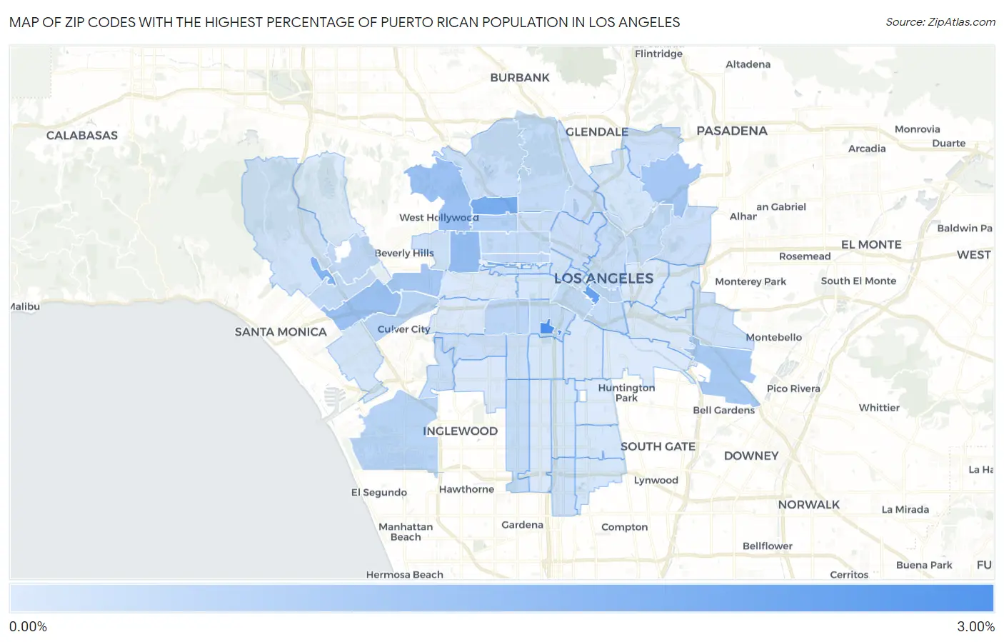 Zip Codes with the Highest Percentage of Puerto Rican Population in Los Angeles Map