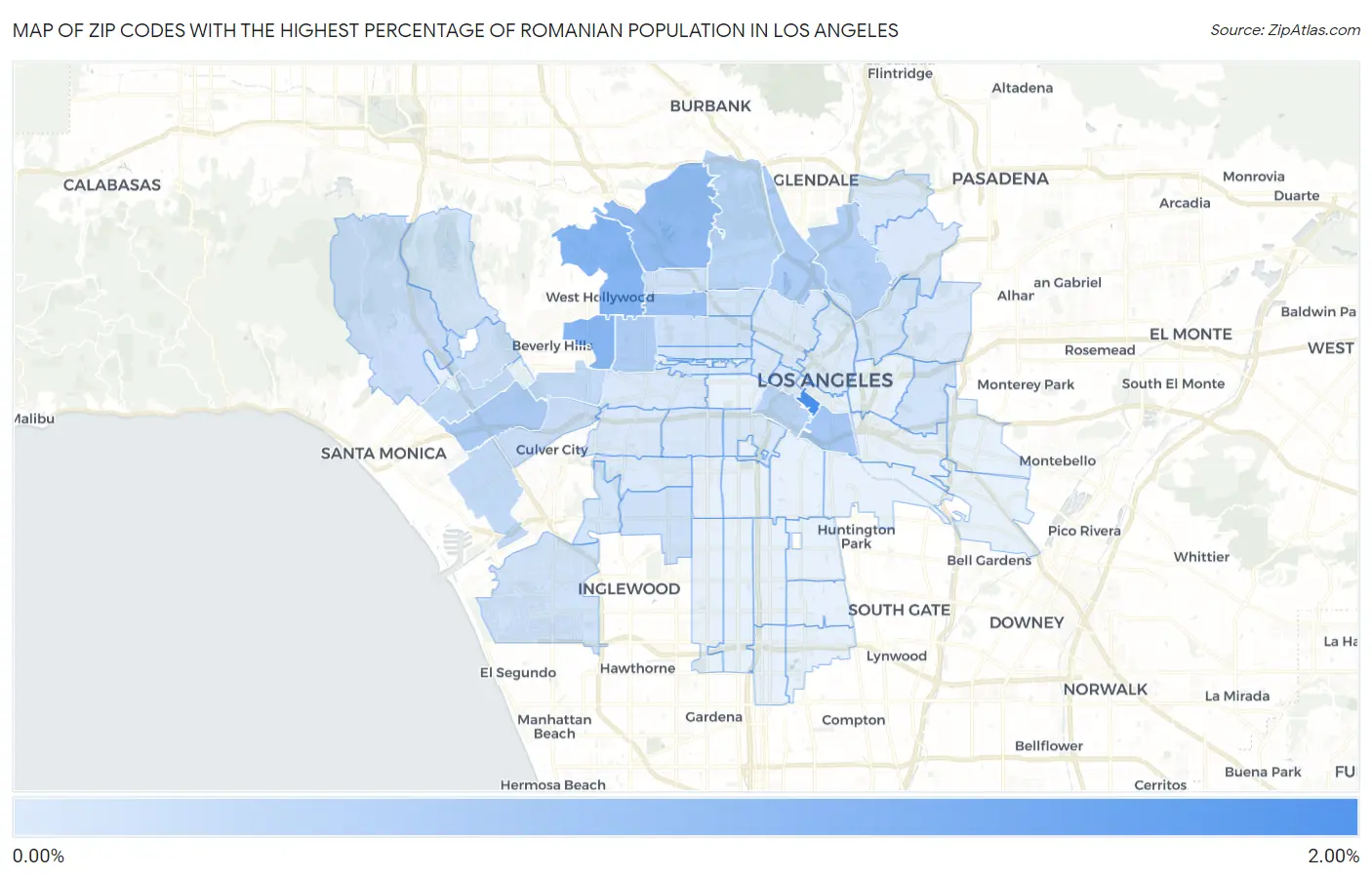 Zip Codes with the Highest Percentage of Romanian Population in Los Angeles Map