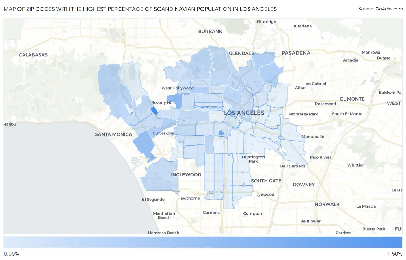 Zip Codes with the Highest Percentage of Scandinavian Population in Los Angeles Map