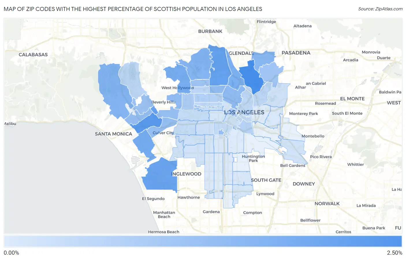 Zip Codes with the Highest Percentage of Scottish Population in Los Angeles Map