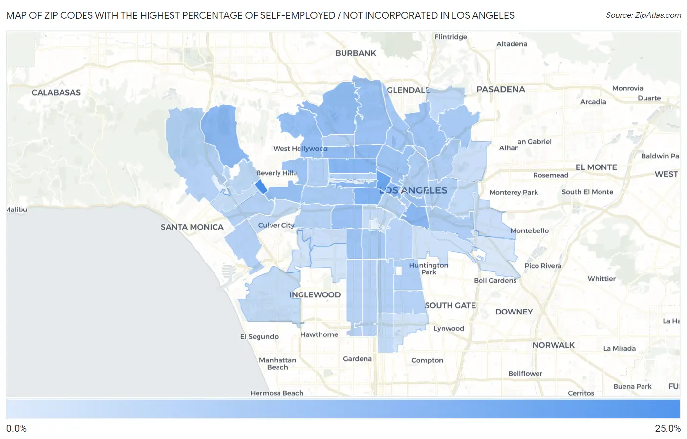 Zip Codes with the Highest Percentage of Self-Employed / Not Incorporated in Los Angeles Map