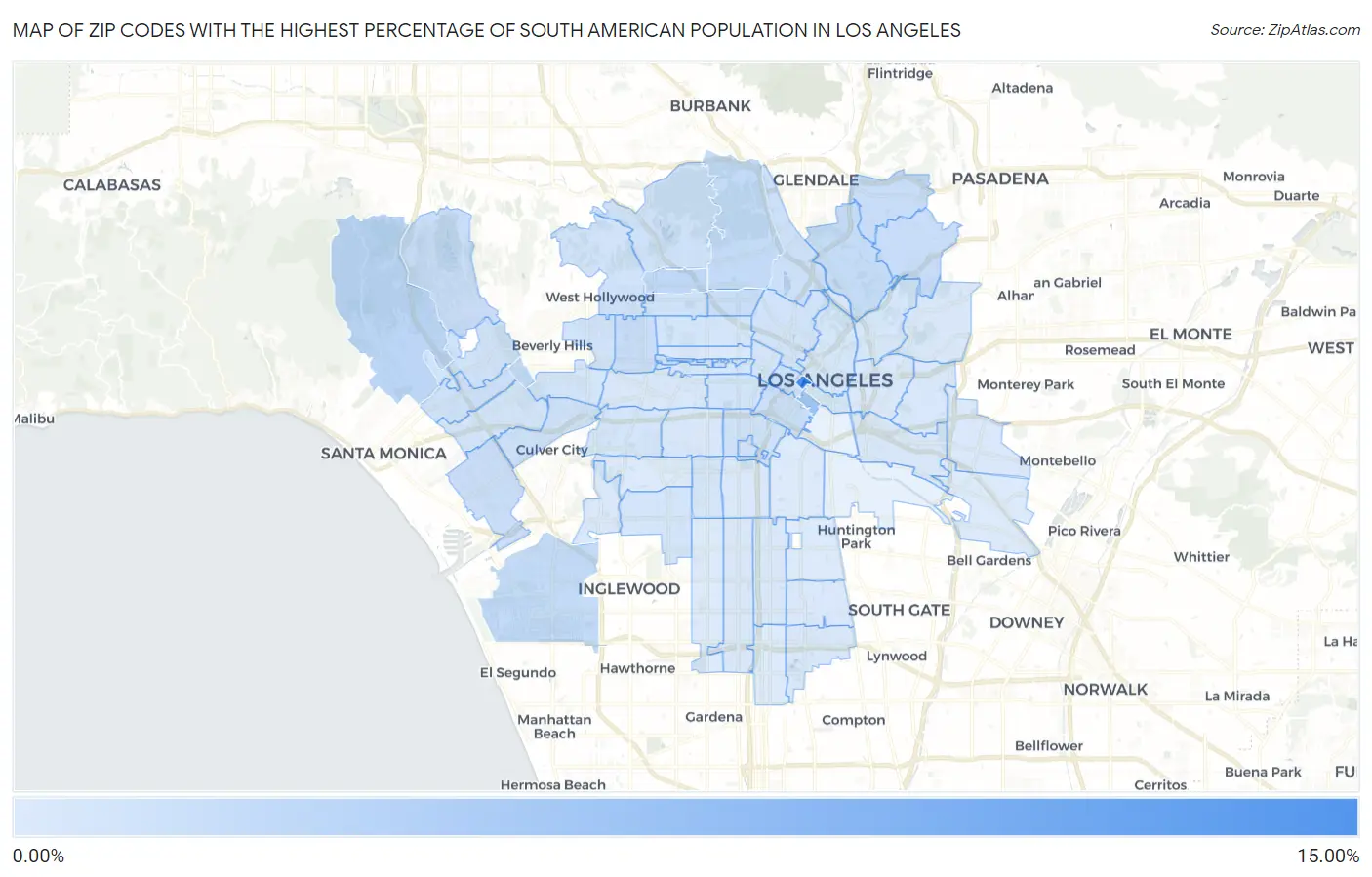 Zip Codes with the Highest Percentage of South American Population in Los Angeles Map