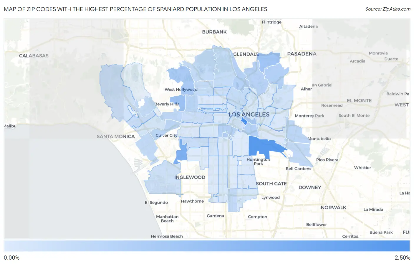 Zip Codes with the Highest Percentage of Spaniard Population in Los Angeles Map