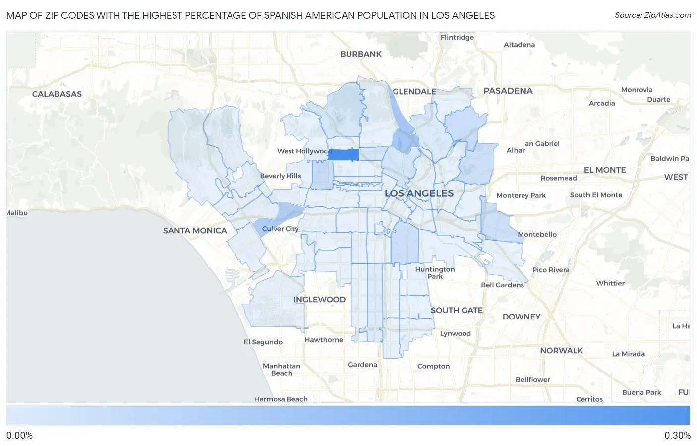 Zip Codes with the Highest Percentage of Spanish American Population in Los Angeles Map