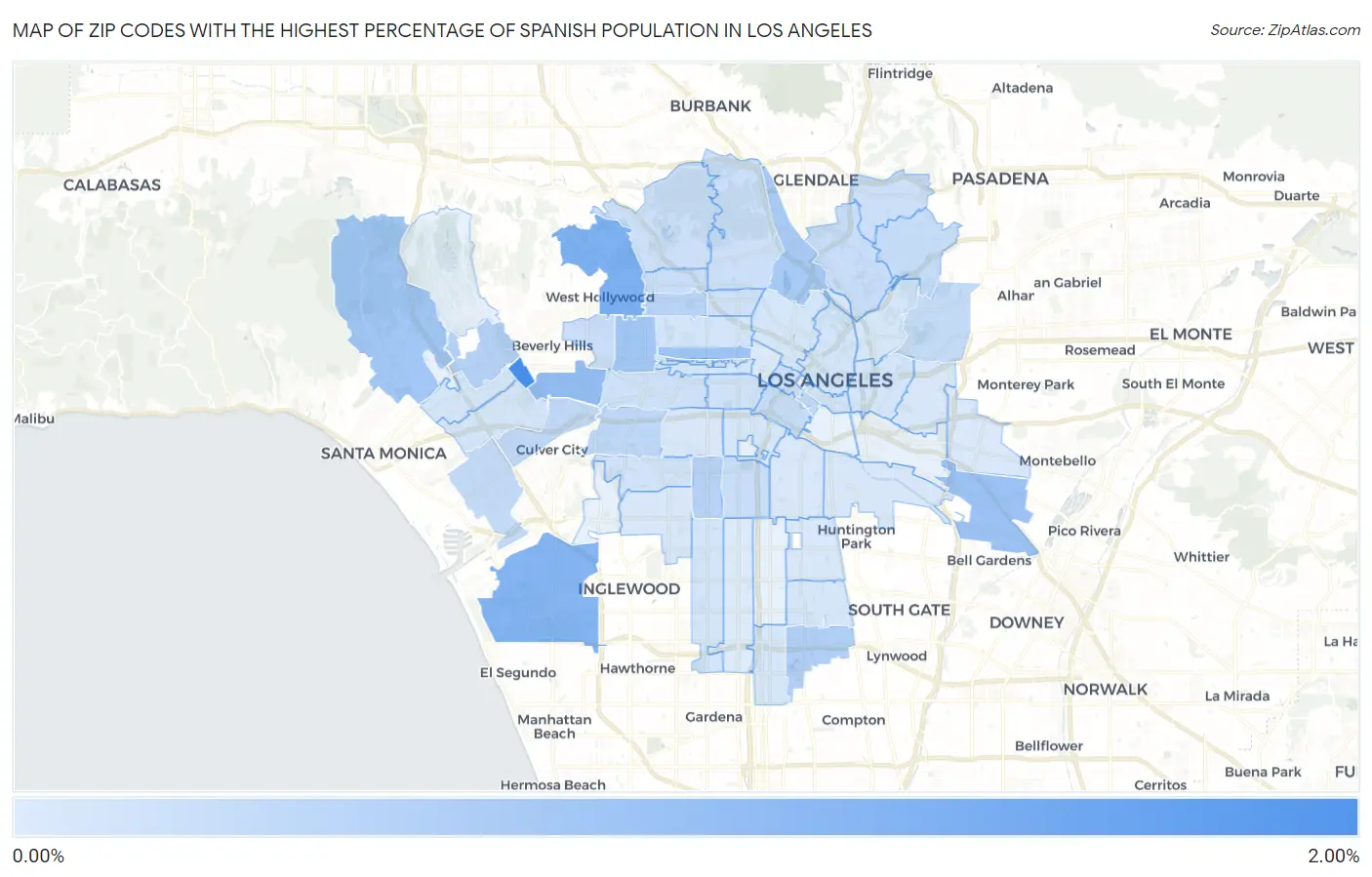 Zip Codes with the Highest Percentage of Spanish Population in Los Angeles Map