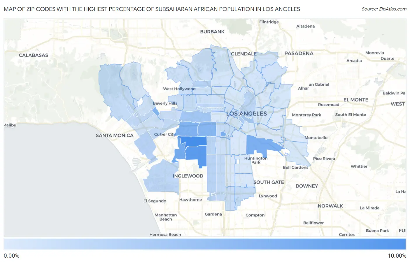 Zip Codes with the Highest Percentage of Subsaharan African Population in Los Angeles Map