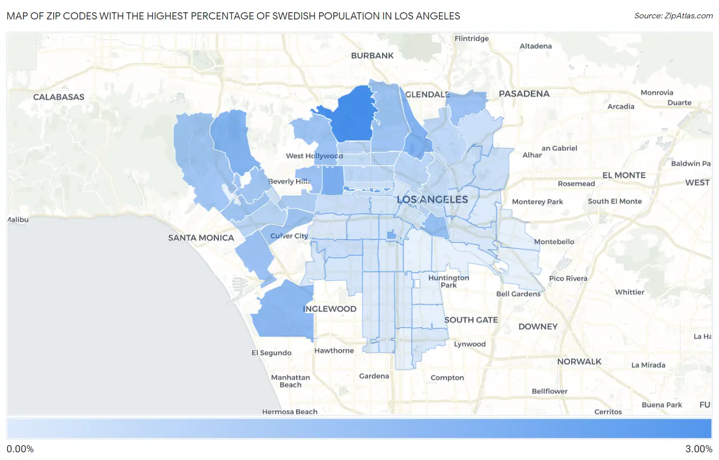 Zip Codes with the Highest Percentage of Swedish Population in Los Angeles Map