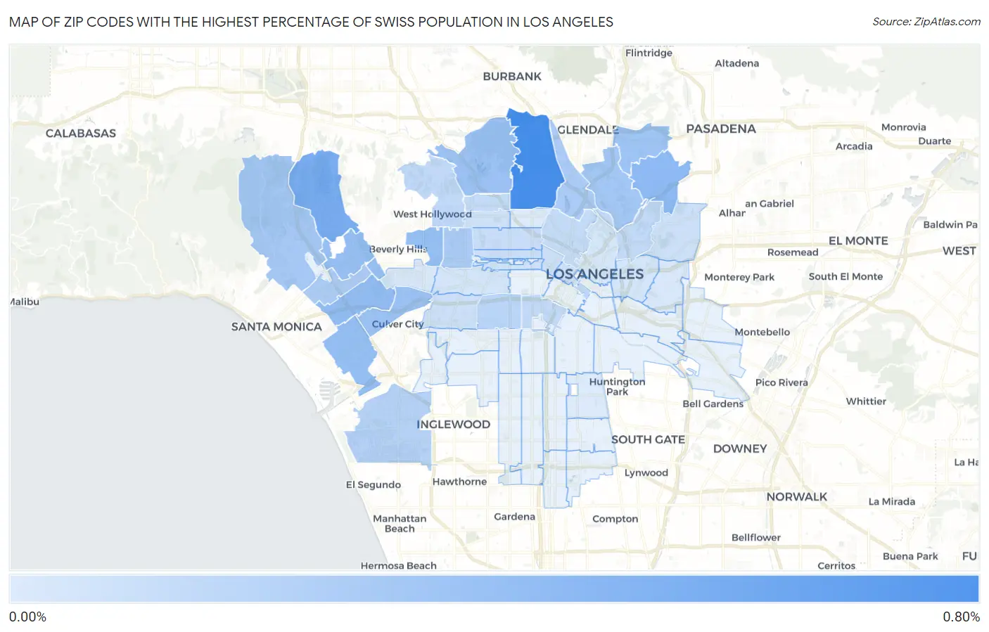 Zip Codes with the Highest Percentage of Swiss Population in Los Angeles Map