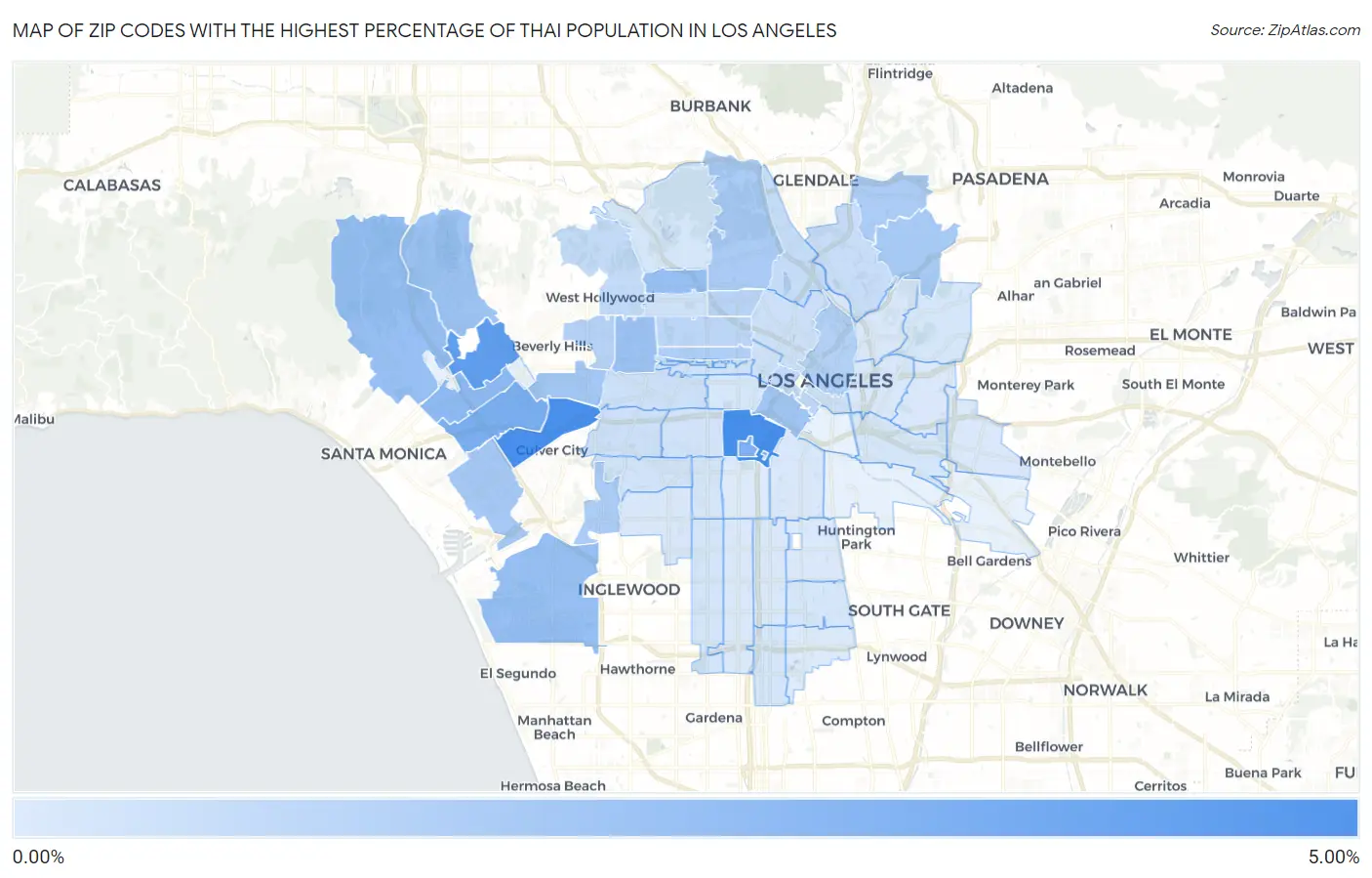 Zip Codes with the Highest Percentage of Thai Population in Los Angeles Map
