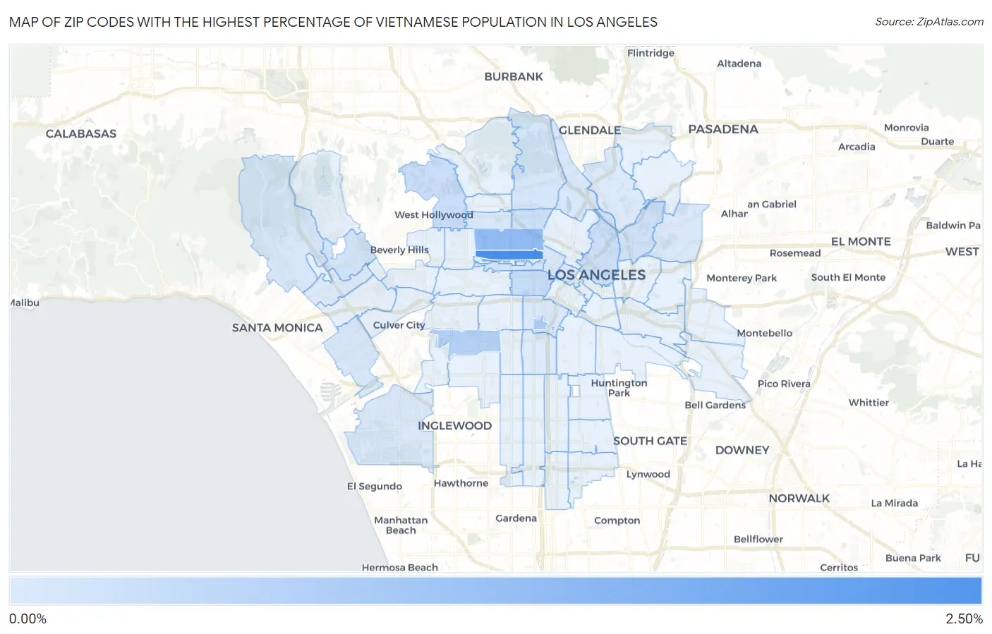Zip Codes with the Highest Percentage of Vietnamese Population in Los Angeles Map