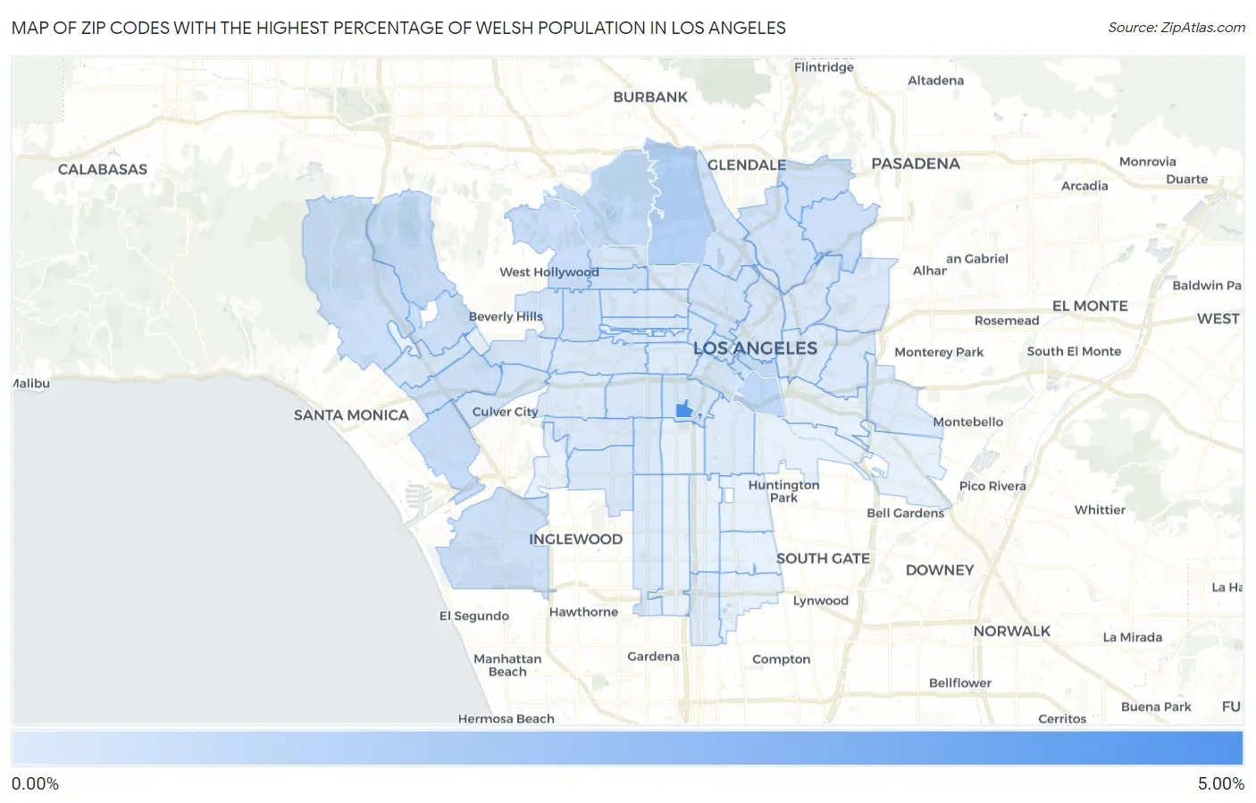Zip Codes with the Highest Percentage of Welsh Population in Los Angeles Map
