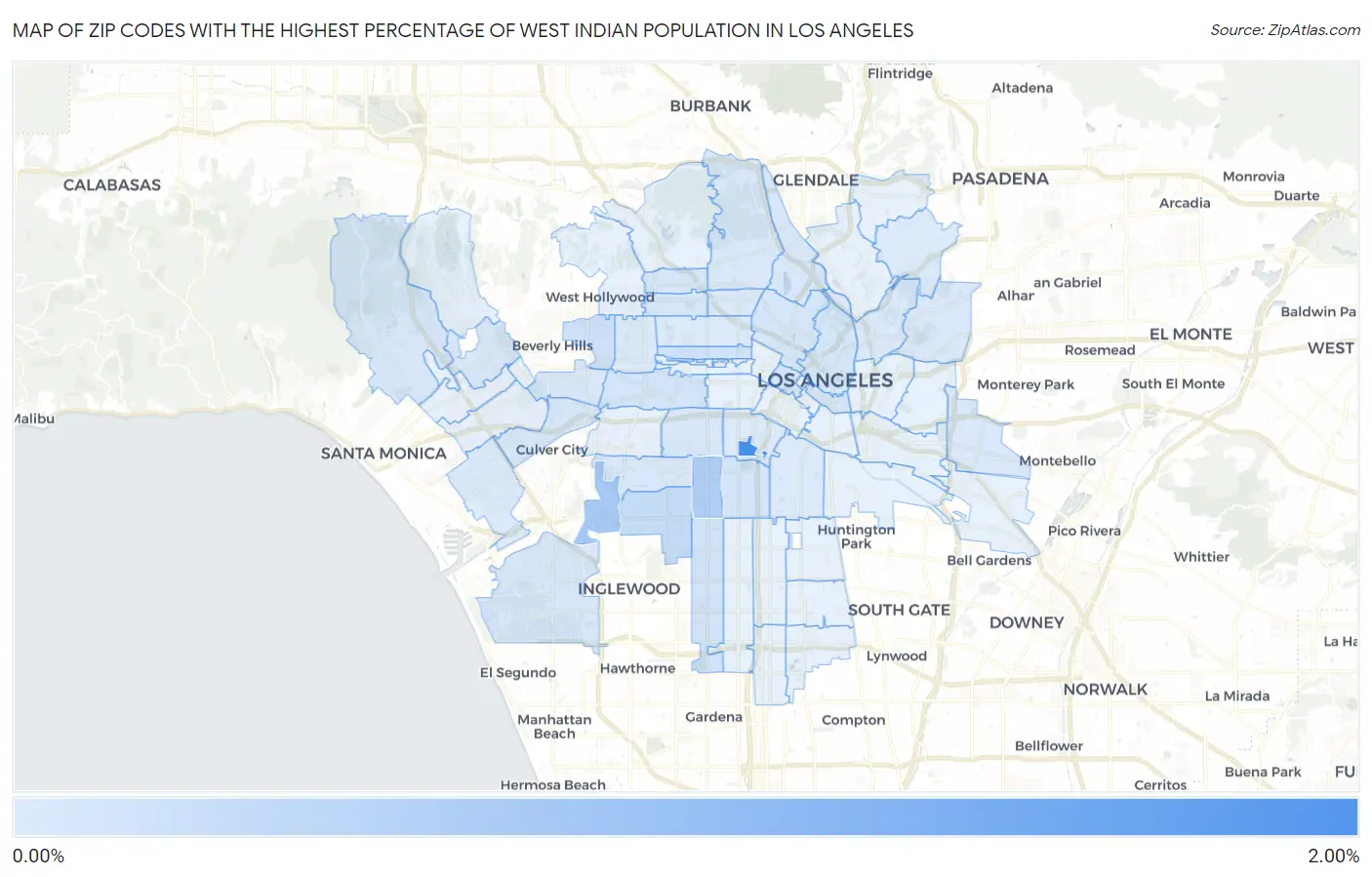 Zip Codes with the Highest Percentage of West Indian Population in Los Angeles Map