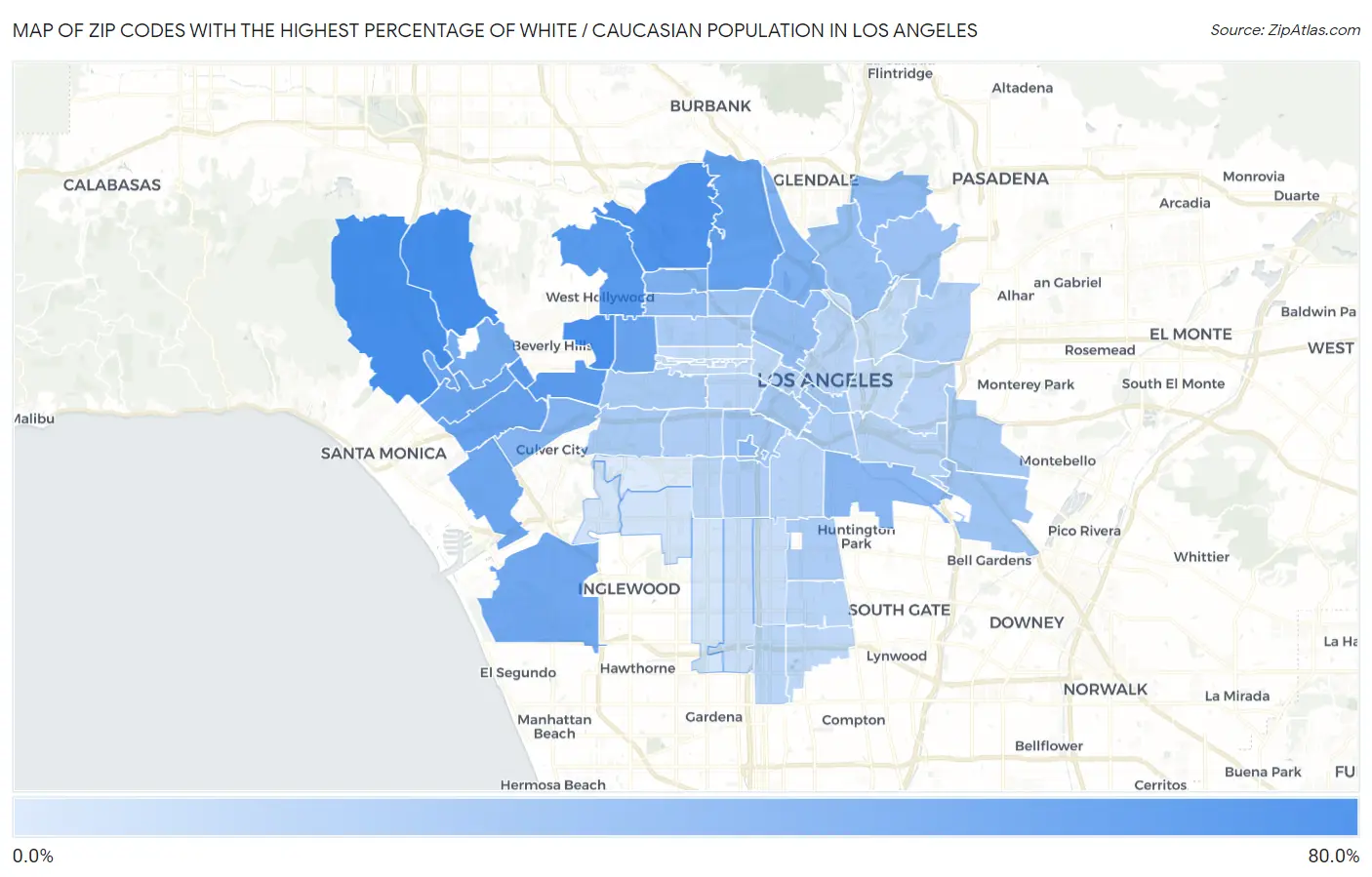 Zip Codes with the Highest Percentage of White / Caucasian Population in Los Angeles Map