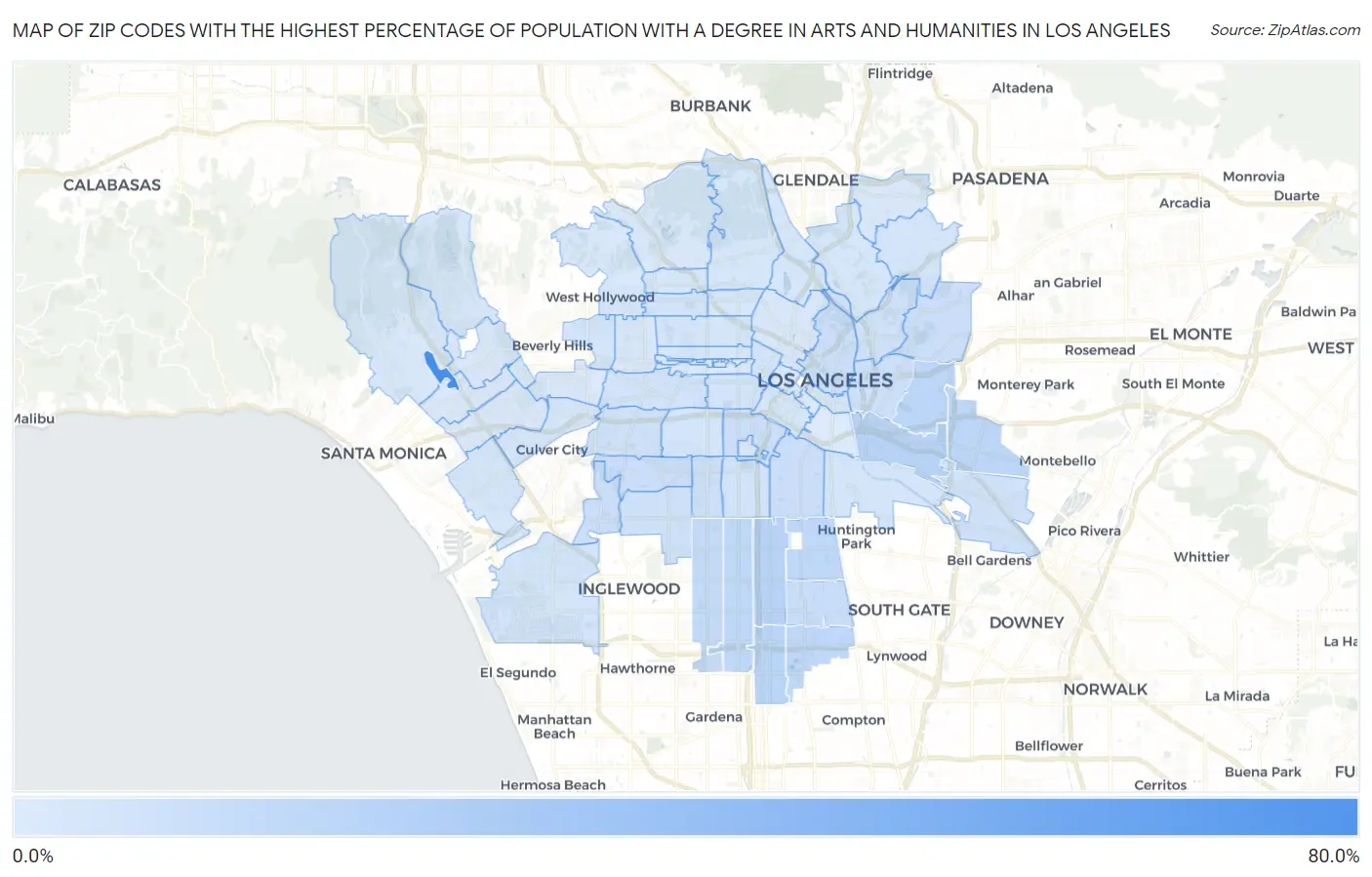 Zip Codes with the Highest Percentage of Population with a Degree in Arts and Humanities in Los Angeles Map