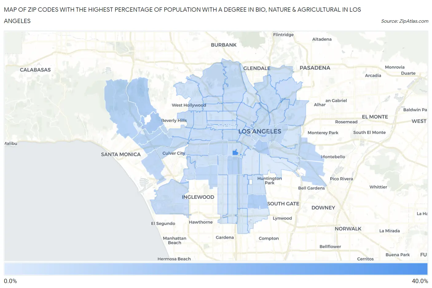 Zip Codes with the Highest Percentage of Population with a Degree in Bio, Nature & Agricultural in Los Angeles Map