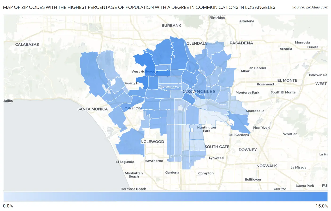 Zip Codes with the Highest Percentage of Population with a Degree in Communications in Los Angeles Map