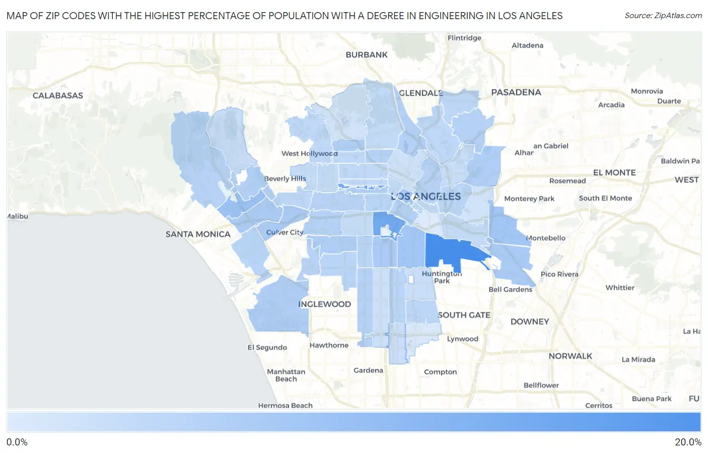 Zip Codes with the Highest Percentage of Population with a Degree in Engineering in Los Angeles Map