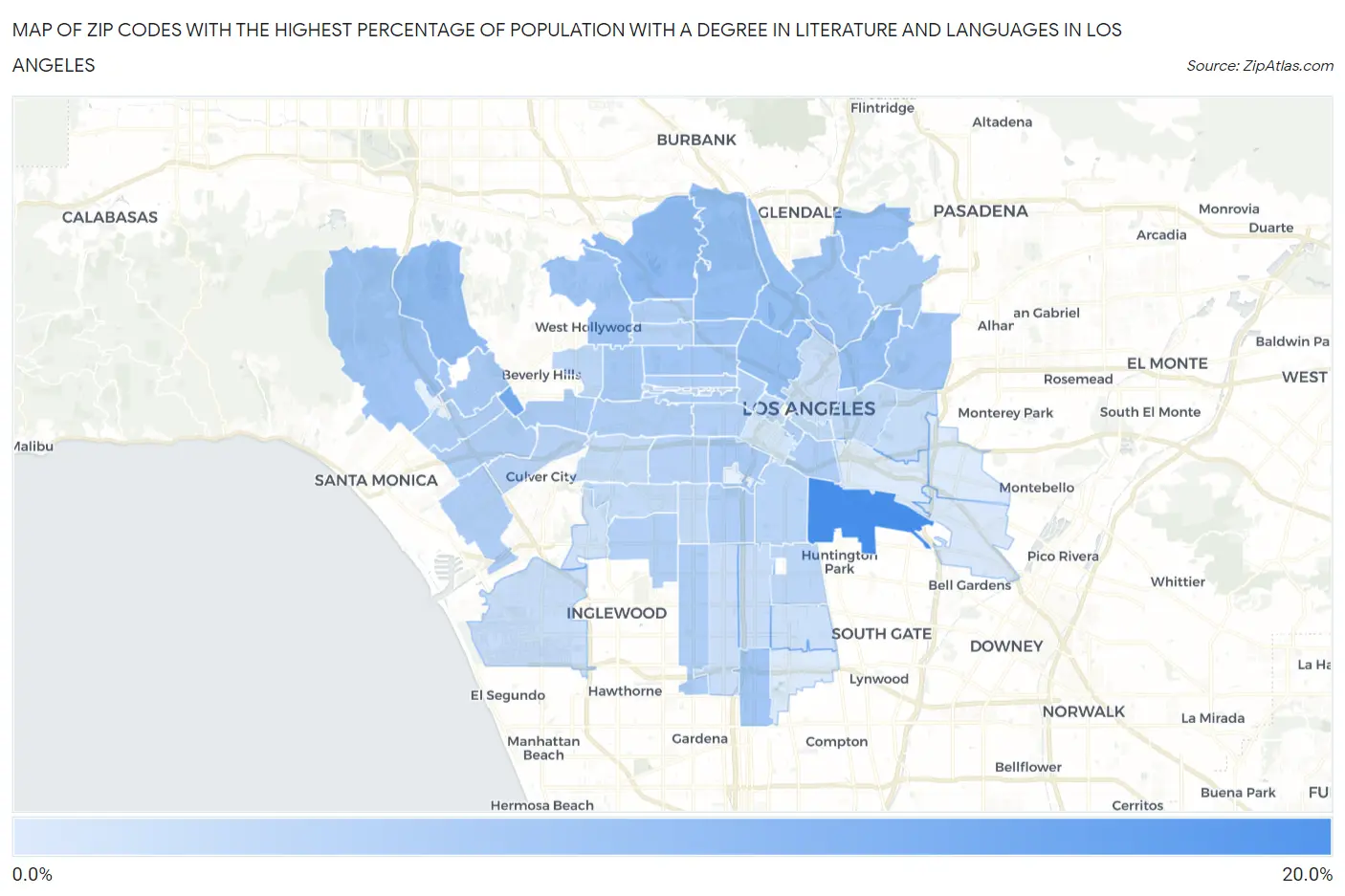 Zip Codes with the Highest Percentage of Population with a Degree in Literature and Languages in Los Angeles Map