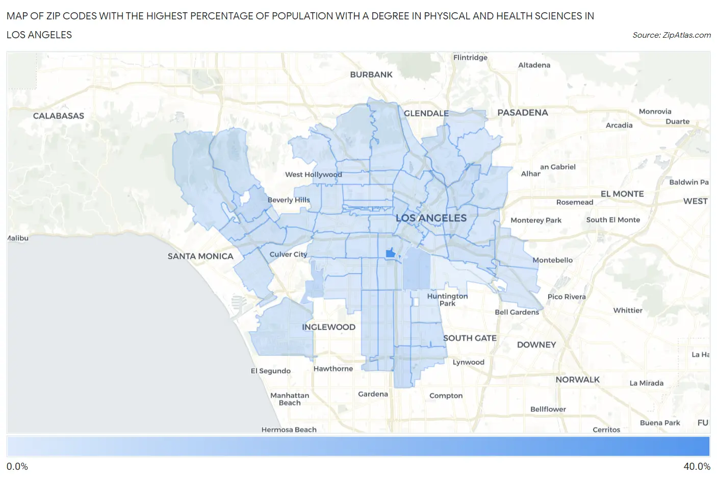 Zip Codes with the Highest Percentage of Population with a Degree in Physical and Health Sciences in Los Angeles Map