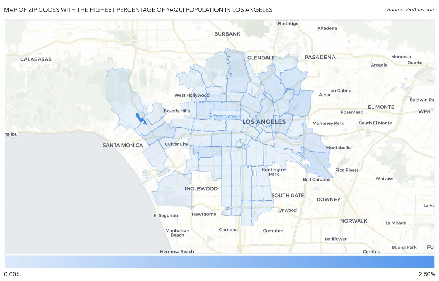 Zip Codes with the Highest Percentage of Yaqui Population in Los Angeles Map
