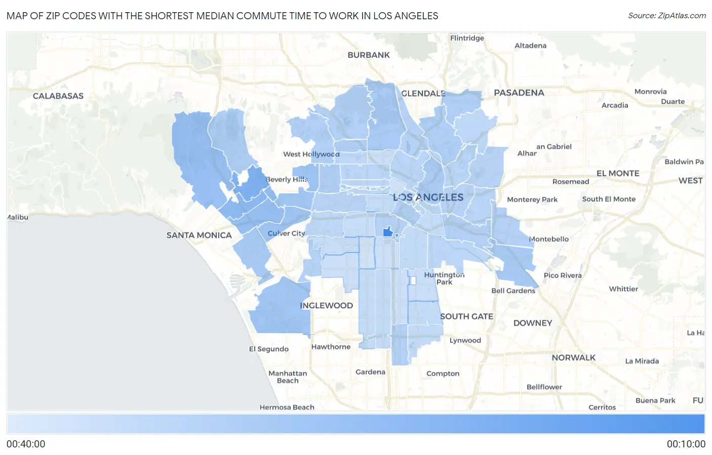 Zip Codes with the Shortest Median Commute Time to Work in Los Angeles Map