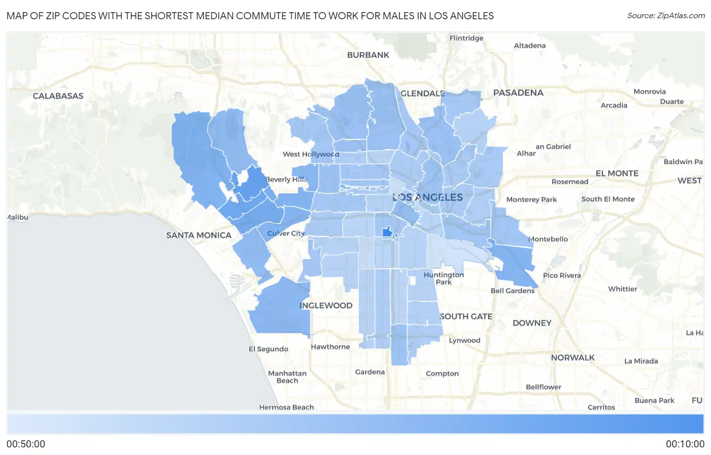 Zip Codes with the Shortest Median Commute Time to Work for Males in Los Angeles Map