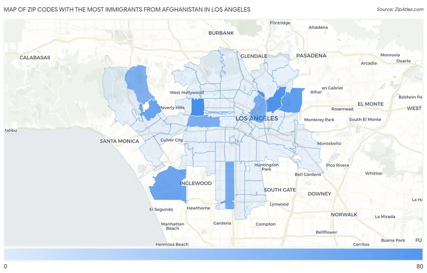 Zip Codes with the Most Immigrants from Afghanistan in Los Angeles Map
