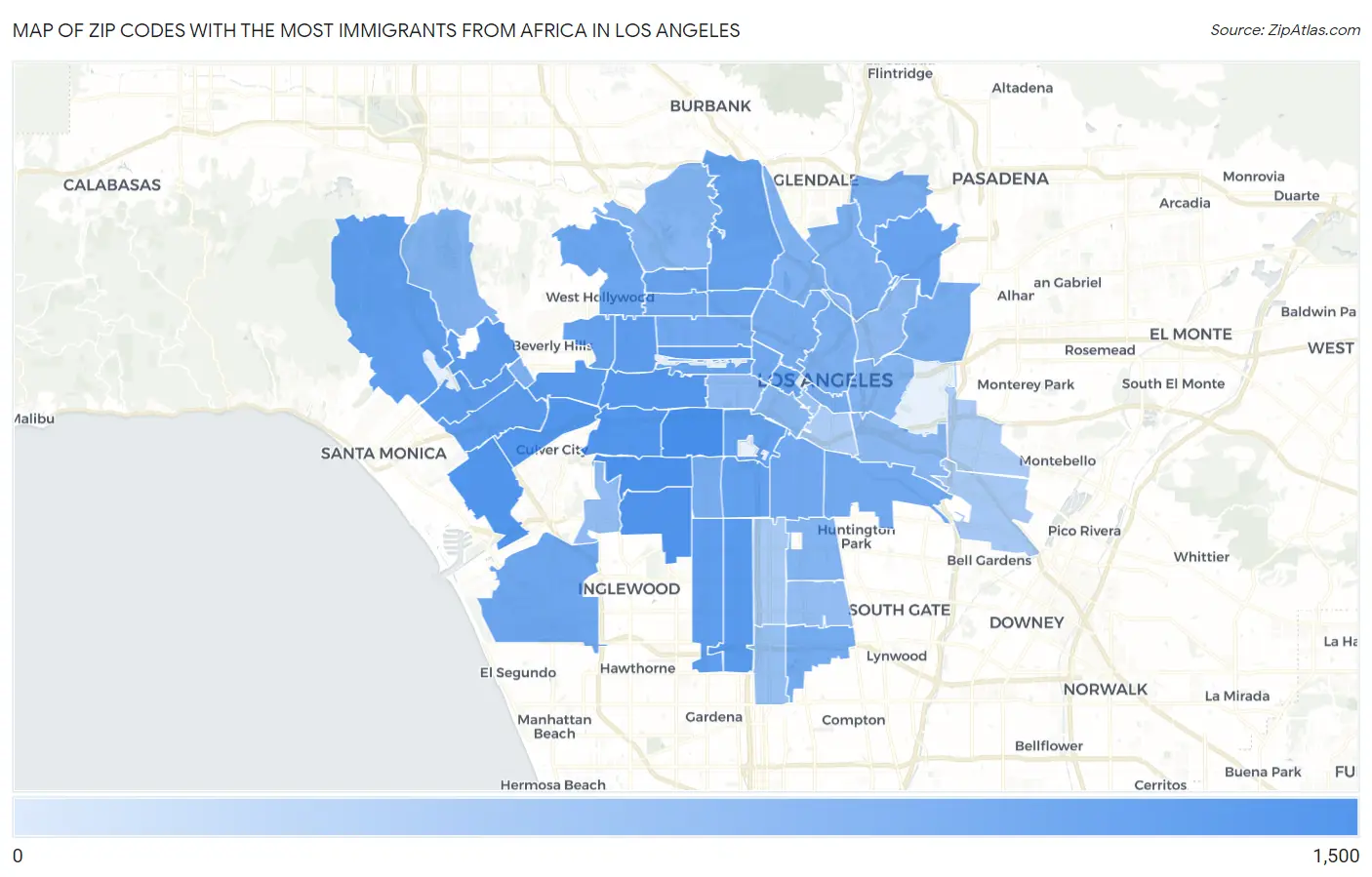 Zip Codes with the Most Immigrants from Africa in Los Angeles Map